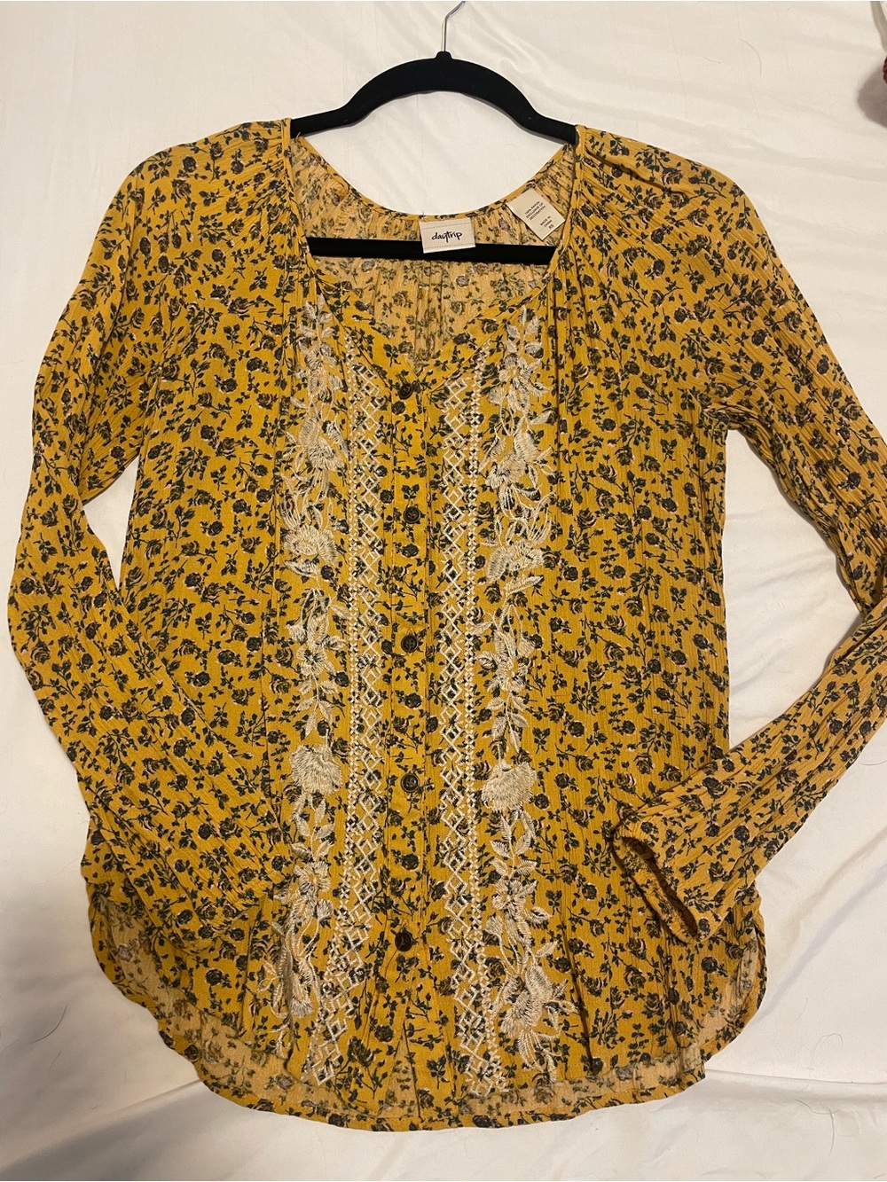 Daytrip Mustard Floral Embroidered V-Neck Blouse